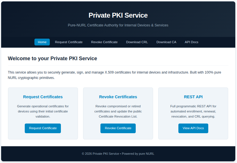 the pki-server web UI: the Private PKI Service dashboard with cards for requesting certificates, revoking certificates, and the REST API