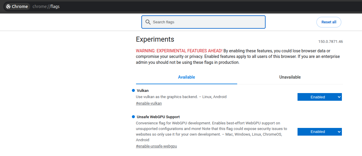 chrome://flags — Vulkan and Unsafe WebGPU Support set to Enabled